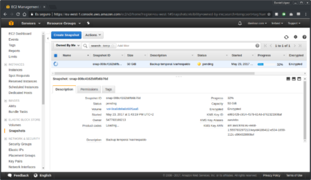 Progreso de la creación de un snapshot desde la consola de AWS