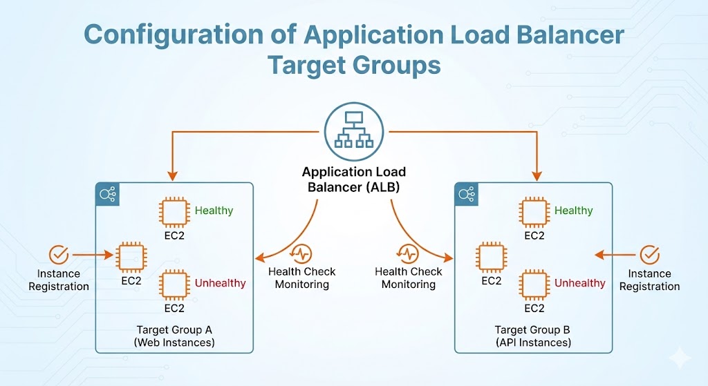 Application Load Balancer target group configuration with health check monitoring and instance registration