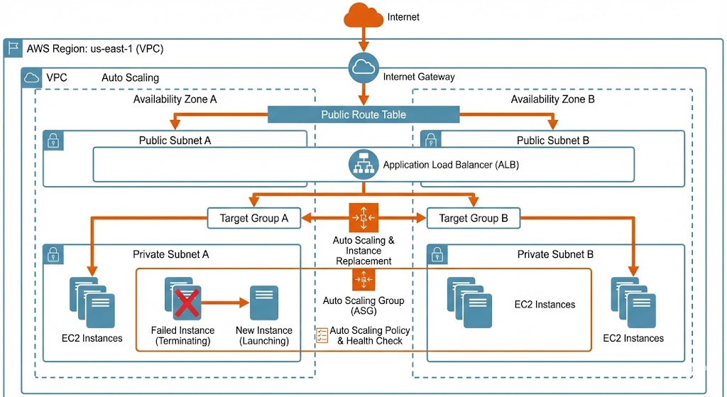 Auto Scaling Groups configuration showing multi-AZ distribution and automatic instance replacement