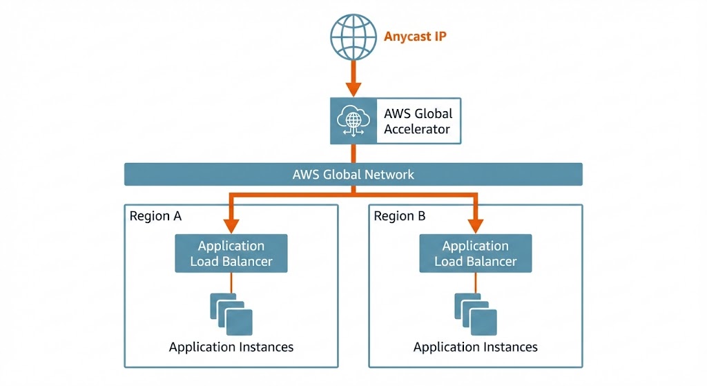 AWS Global Accelerator and Application Load Balancer multi-region architecture with anycast IP distribution