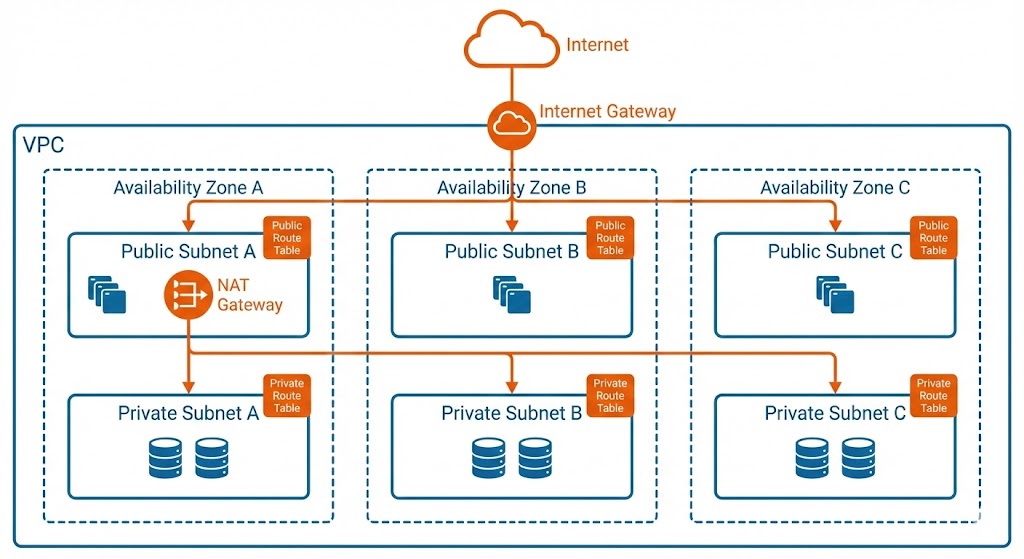 VPC multi-availability zone subnet distribution with public and private subnets across three AZs