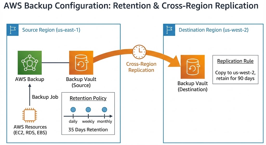 AWS Backup configuration showing retention policies and cross-region replication