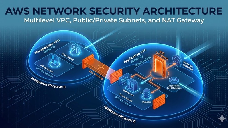 AWS network security architecture with multilevel VPC, public and private subnets, NAT Gateway and perimeter protection