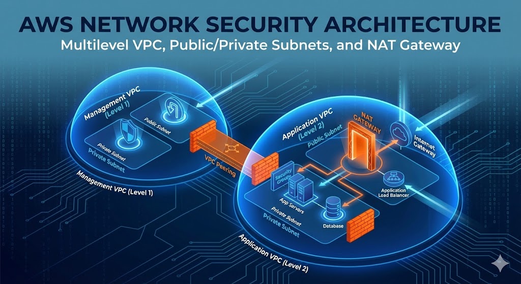 AWS network security architecture with multilevel VPC, public/private subnets and NAT Gateway
