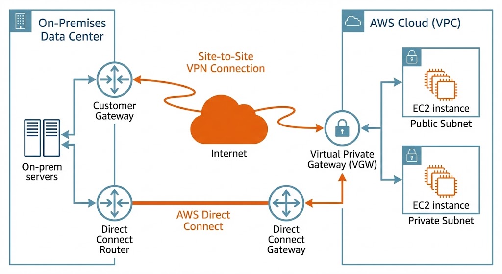 Hybrid connectivity configuration showing Site-to-Site VPN and Direct Connect