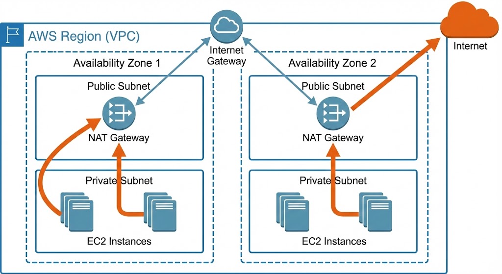 NAT Gateway in multi-AZ architecture showing outbound traffic flow from private subnets
