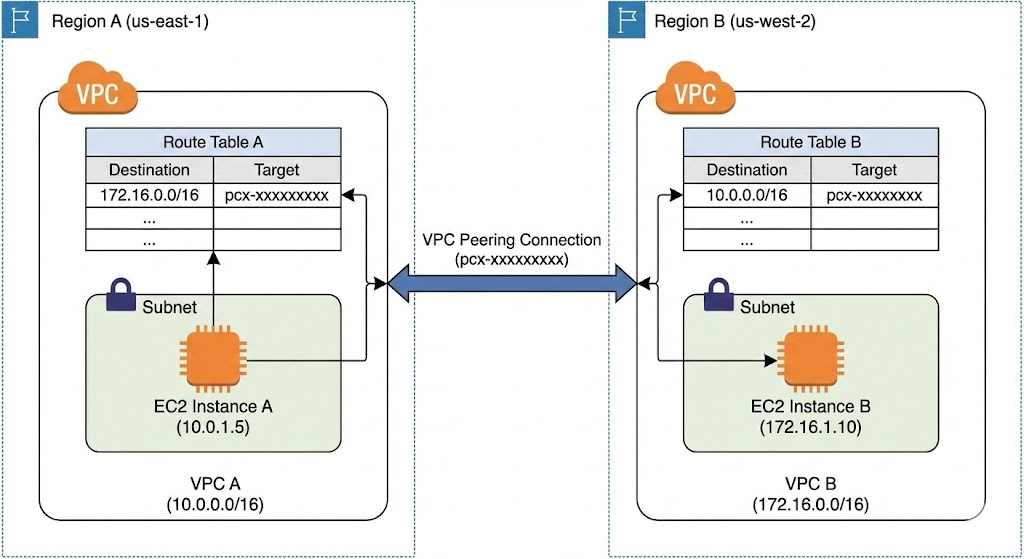 VPC Peering configuration between regions showing routing tables and traffic flow