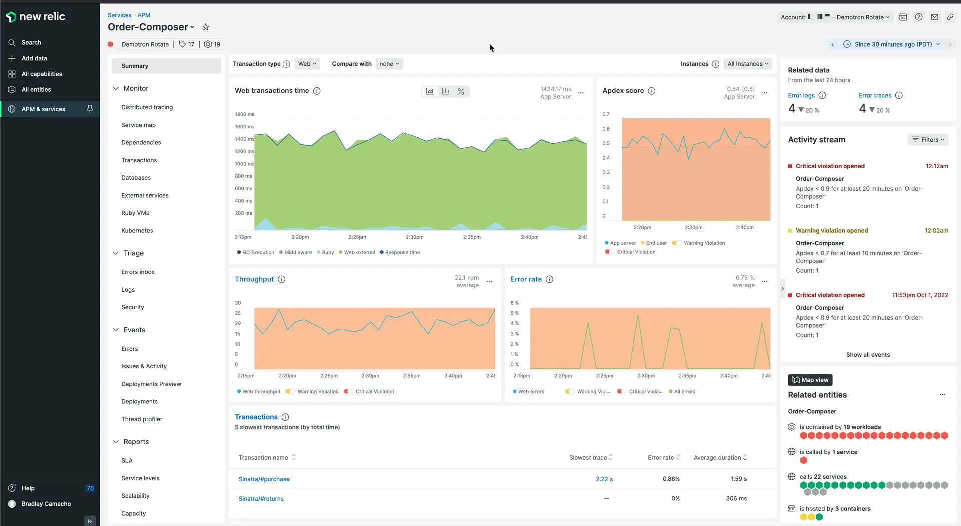 New Relic dashboard showing application performance metrics