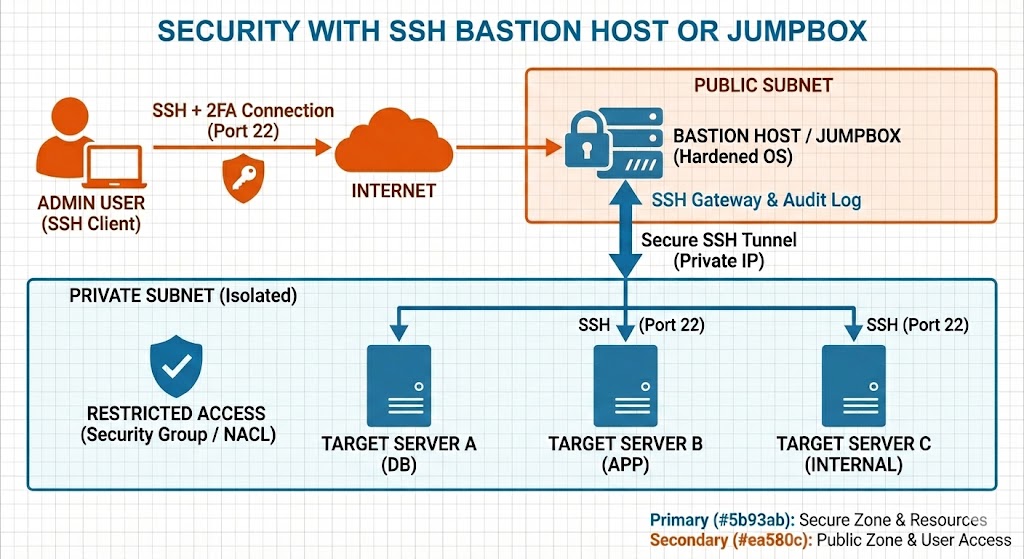 AWS security architecture with bastion host, 2FA and access auditing