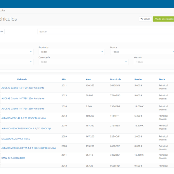 Vehicle inventory management interface with filtering and search