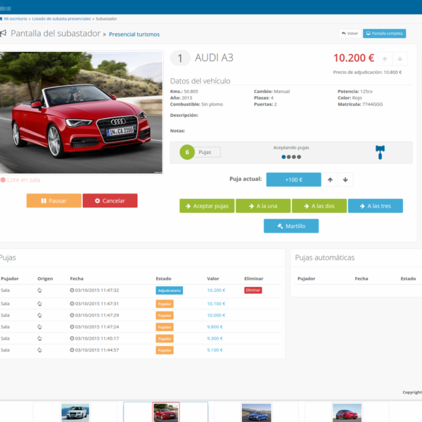 Auctioneer control panel with vehicle details and bidding controls