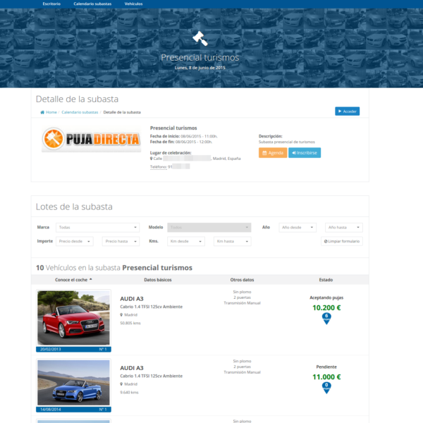 Auction detail page with vehicle information and bidding status