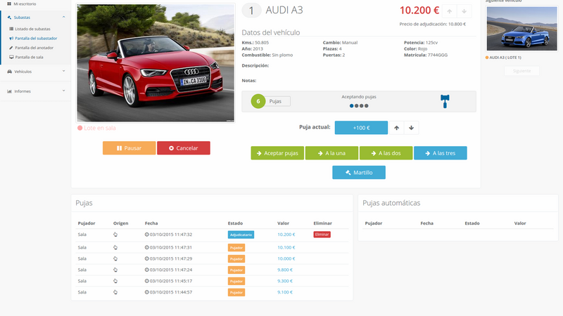 Auctioneer control panel with real-time bidding interface and vehicle information