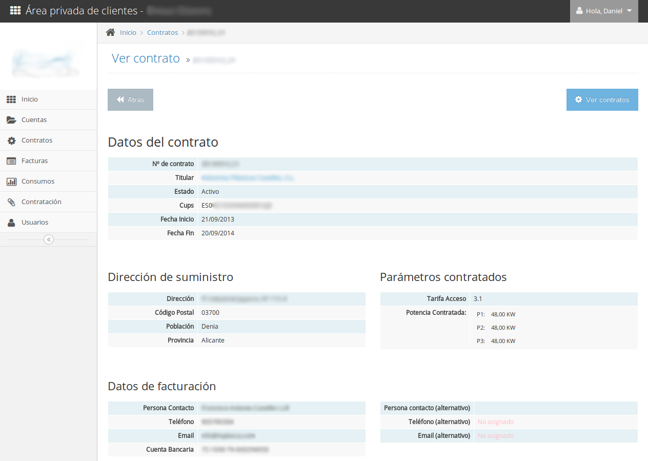 Sample customer contract detail view