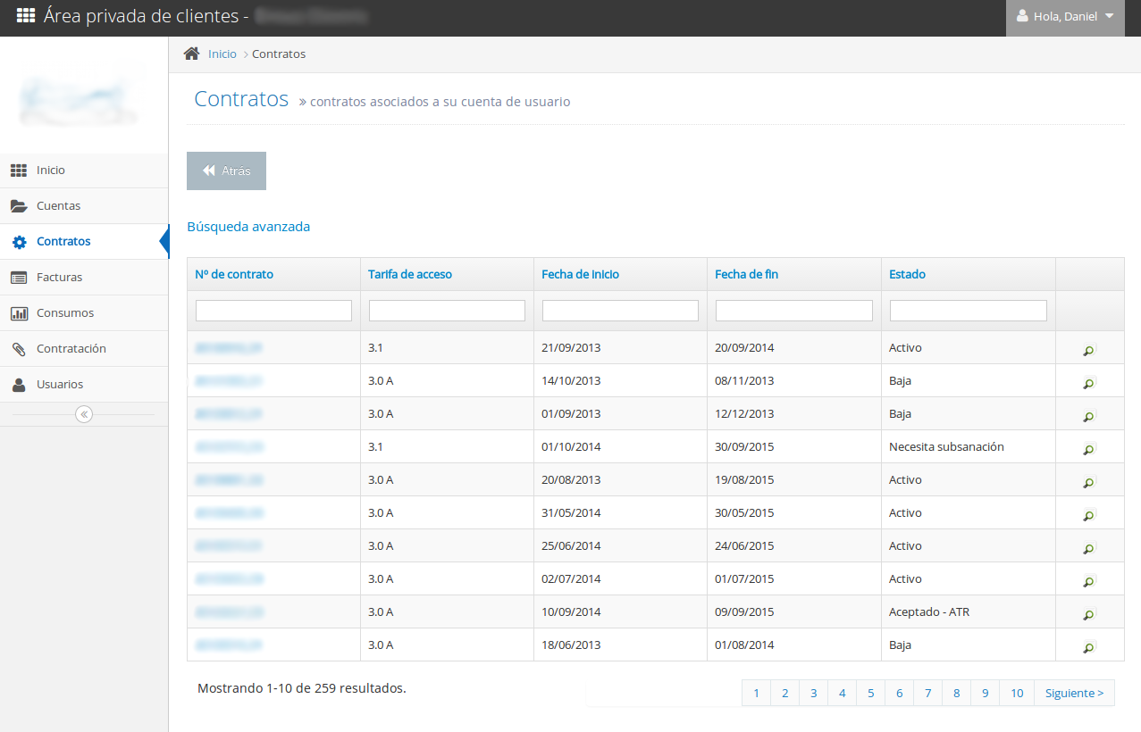 Customer contracts list view