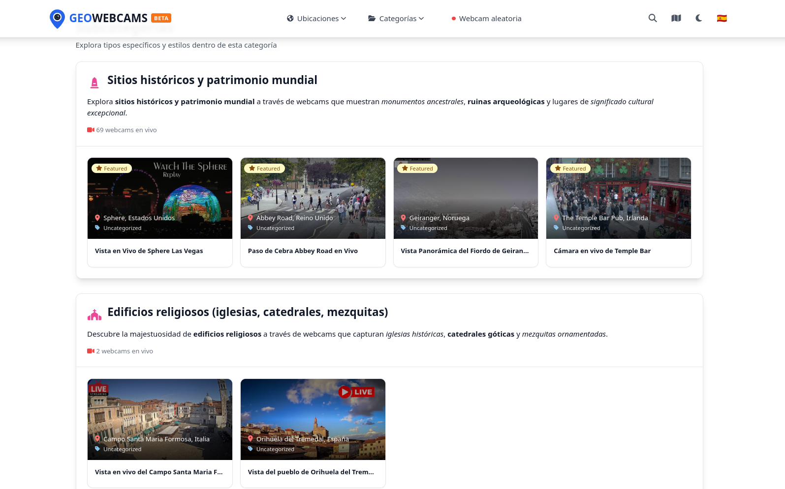 Organización jerárquica de categorías mostrando sitios históricos y edificios religiosos