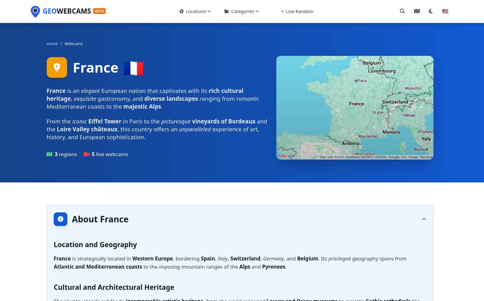 Country page for France showing map, description, and statistics