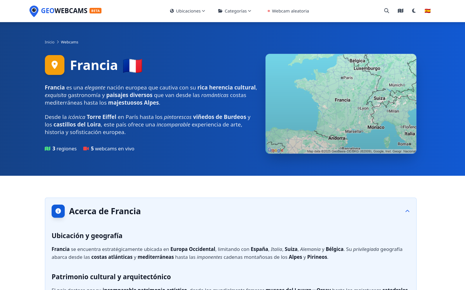 Página de país para Francia mostrando mapa, descripción y estadísticas