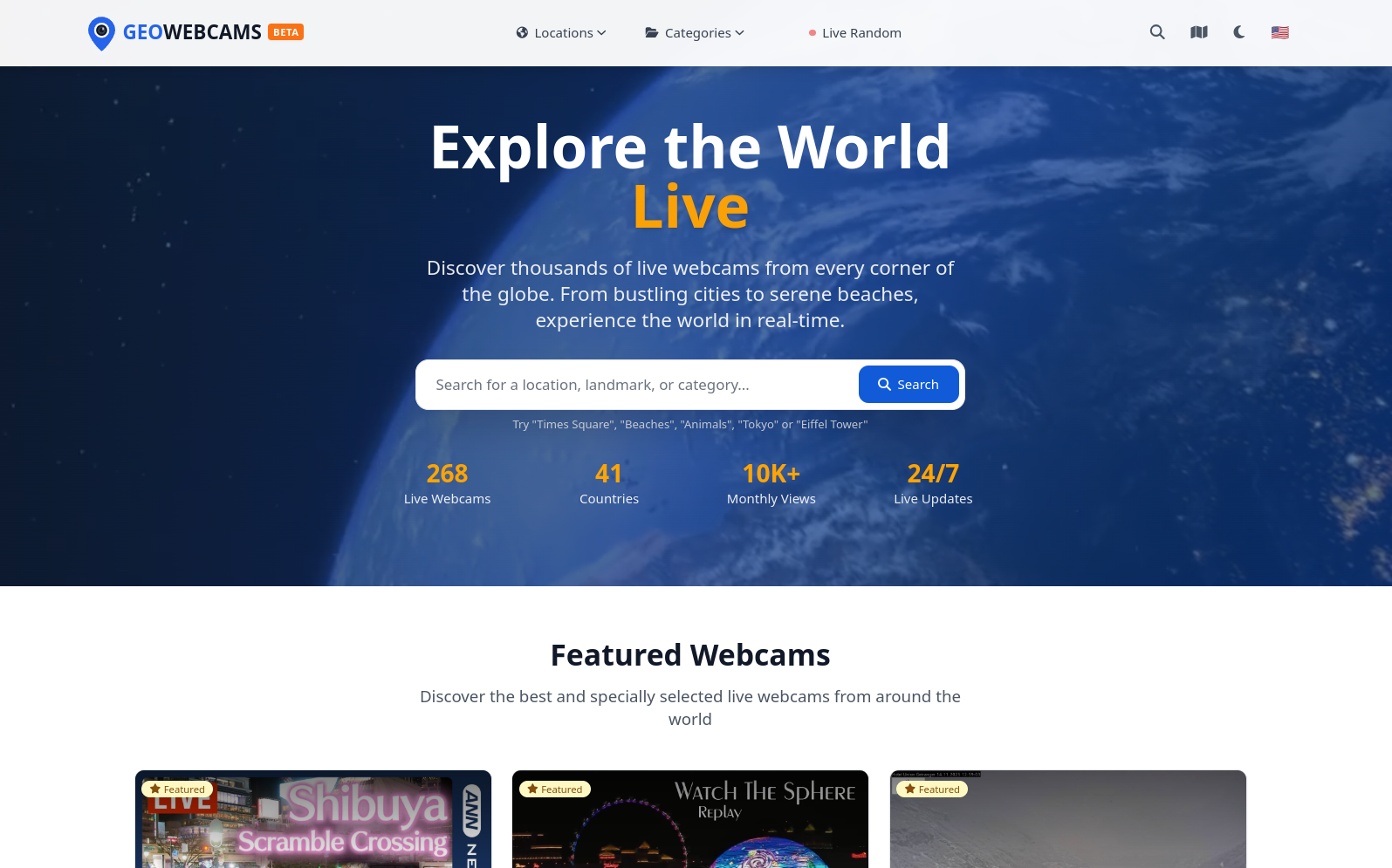GeoWebcams homepage showing intelligent search and live statistics