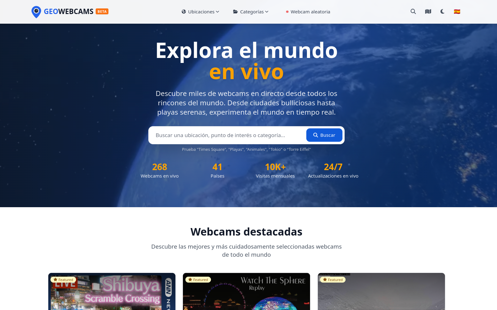 Página principal de GeoWebcams mostrando búsqueda inteligente y estadísticas en vivo