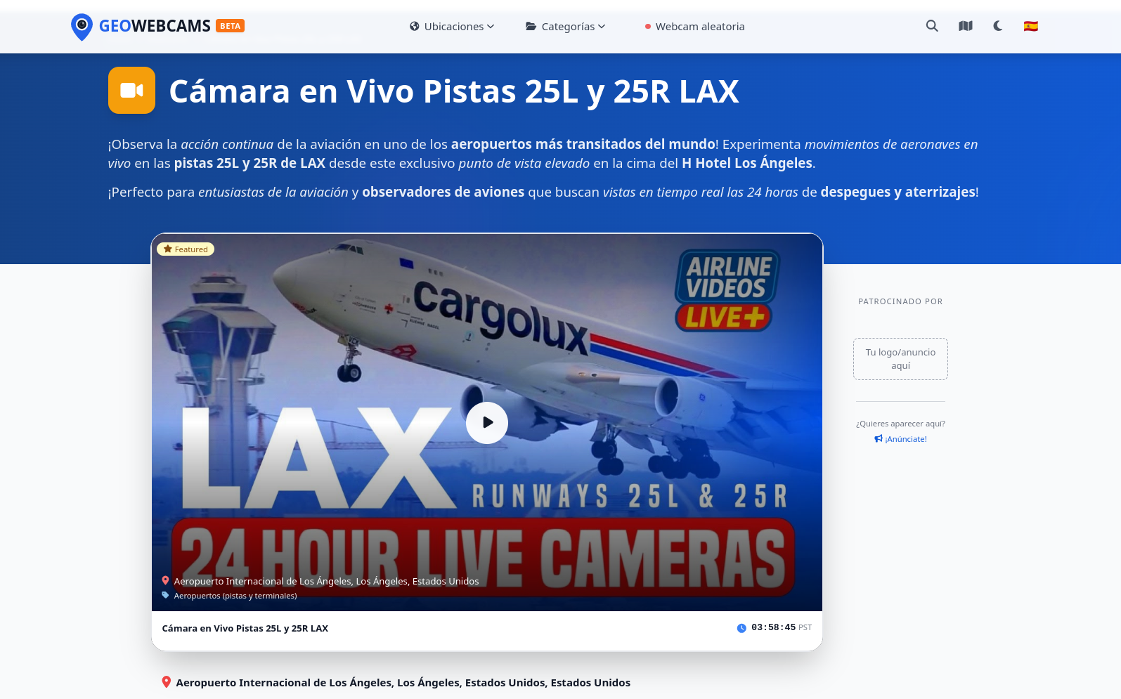 Página de detalle de webcam mostrando stream en vivo de las pistas de LAX