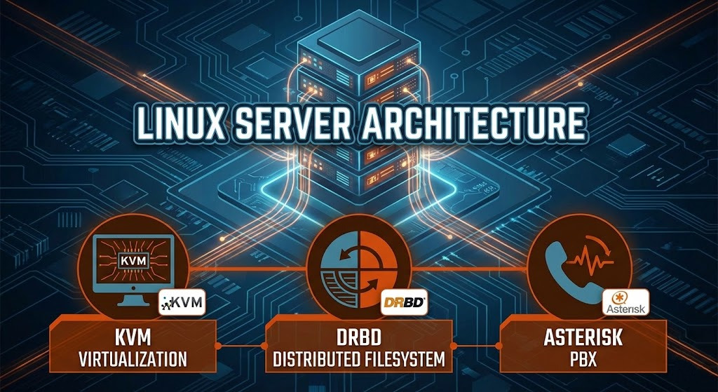Linux server architecture with KVM virtualization, DRBD distributed filesystem, and Asterisk PBX