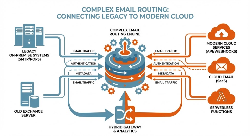 Complex email routing bridging legacy systems with modern cloud services