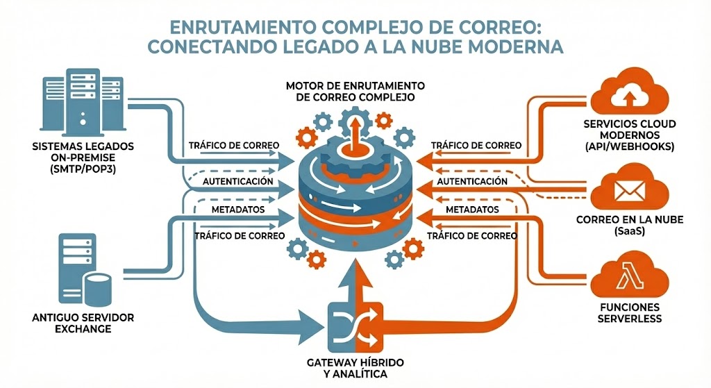 Enrutamiento complejo de correo conectando sistemas antiguos con servicios cloud modernos