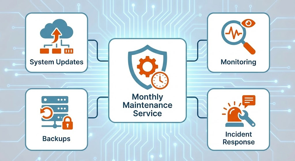 Monthly maintenance service covering system updates, monitoring, backups, and incident response