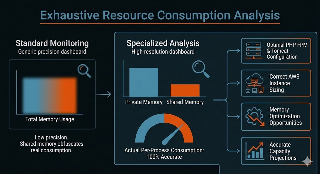 Apache, PHP-FPM, and Tomcat memory consumption analysis with detailed breakdown