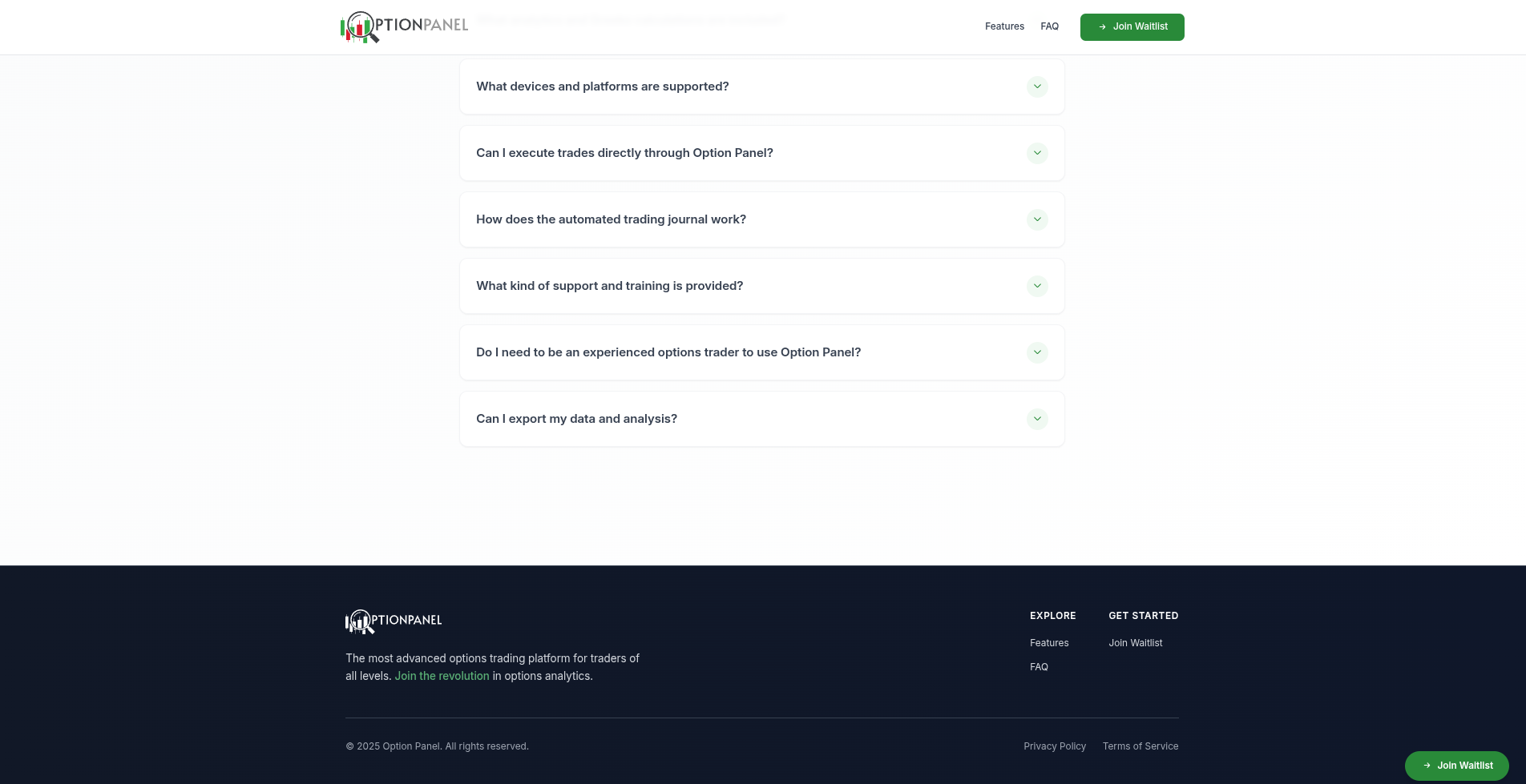 Landing page footer with links and contact information