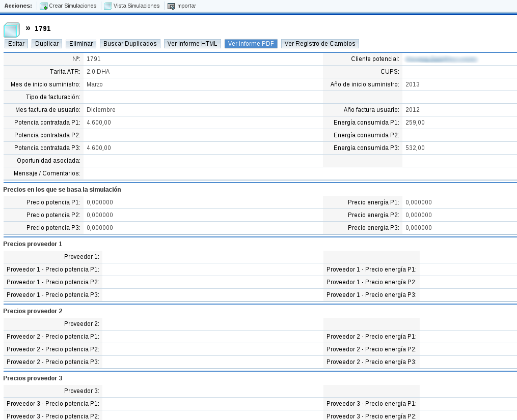 Simulation data captured in SugarCRM for sales follow-up