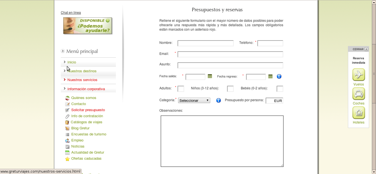 Quote request form on Gretur Viajes website