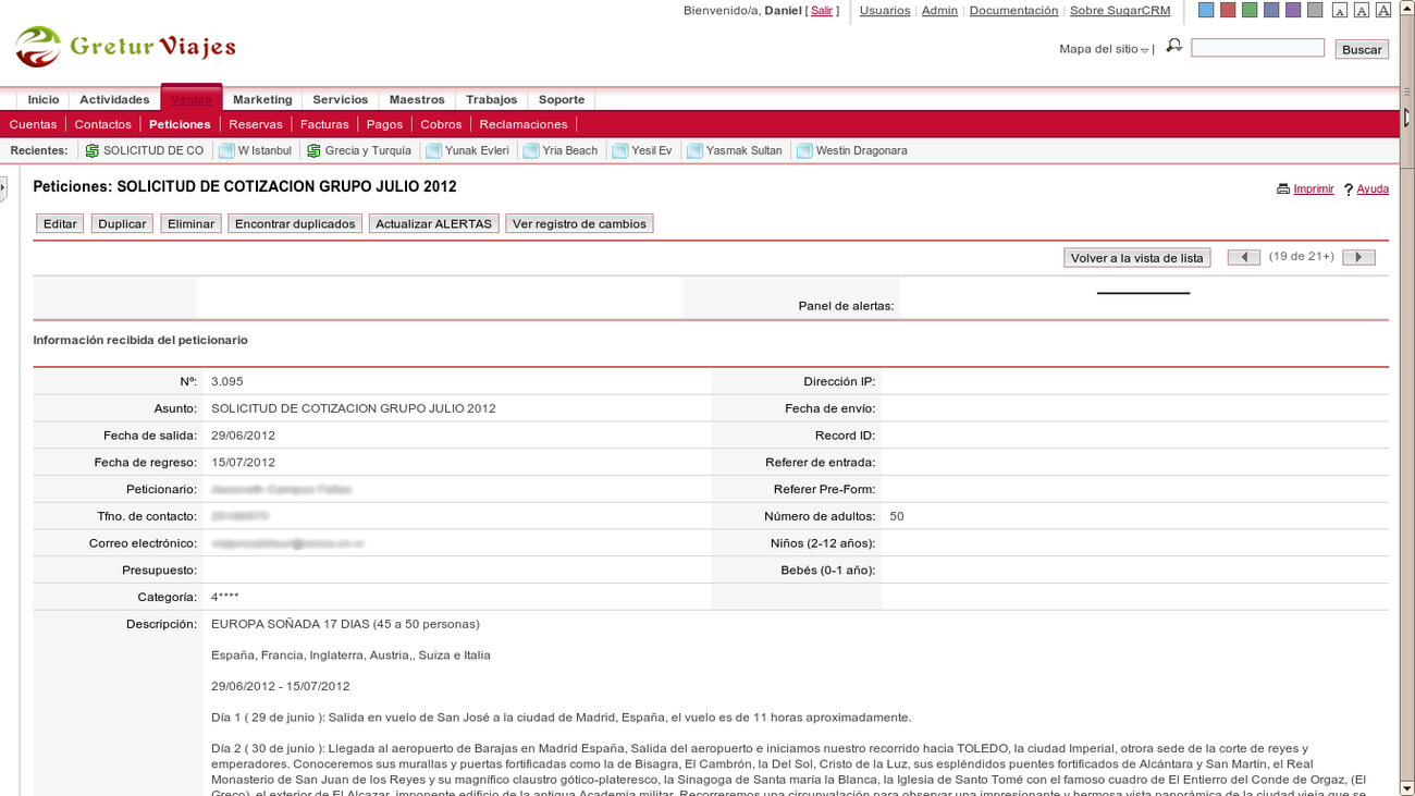 Quote request detail view in SugarCRM