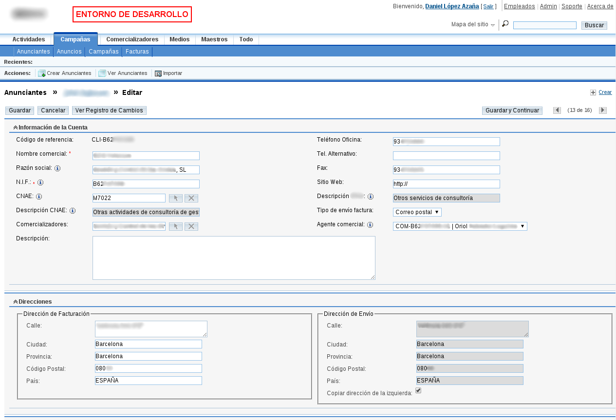 Advertiser edit interface with field validation