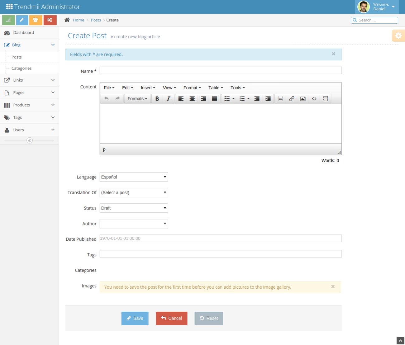 Blog post creation form with rich text editor