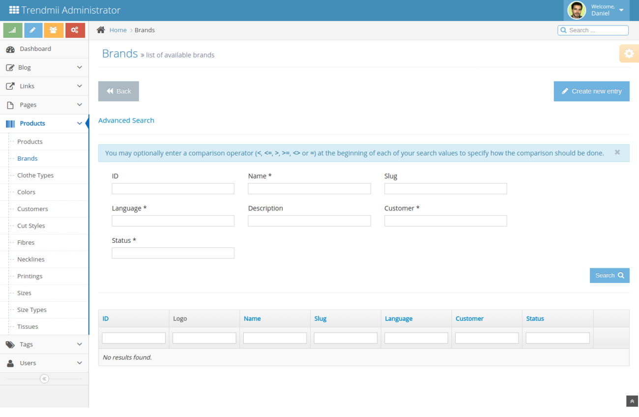 Advanced search form for product brands