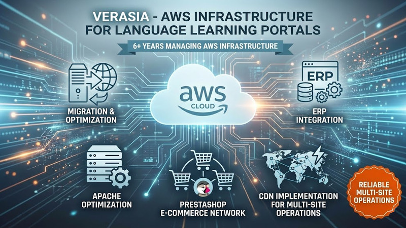 AWS infrastructure architecture for multiple language learning e-commerce portals