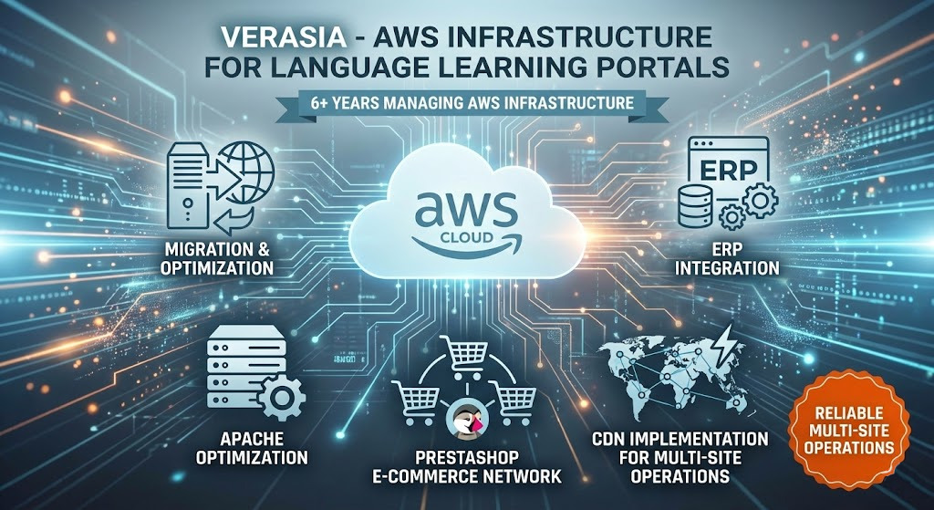 AWS infrastructure architecture for multiple language learning e-commerce portals