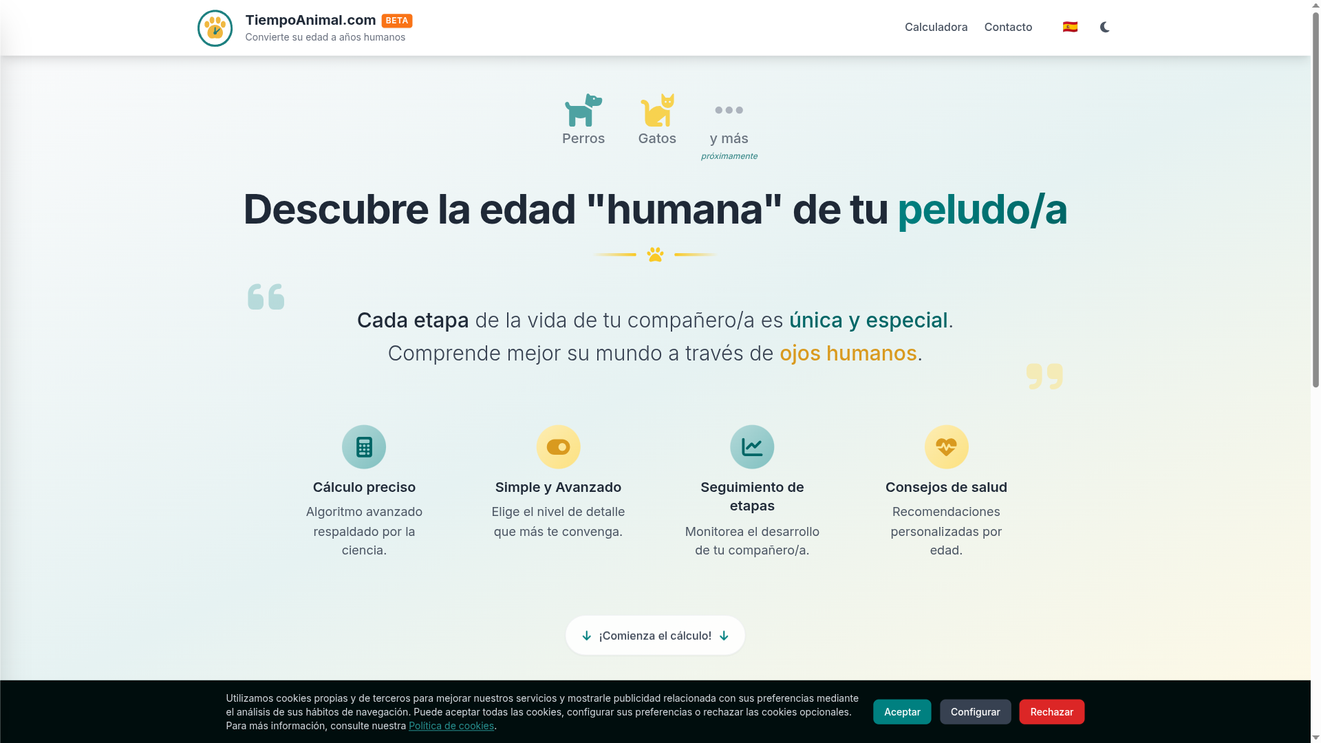 Página de inicio de TiempoAnimal con calculadora interactiva de edad de mascotas