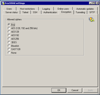 freeSSHd allowed ciphers: AES, 3DES, Blowfish, CAST128